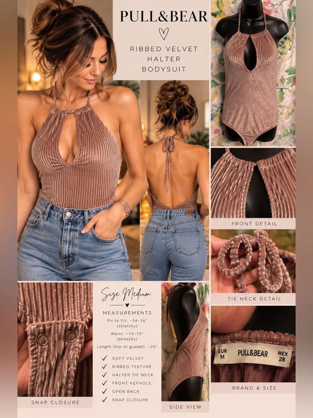 Pull&Bear Ribbed Velvet Halter Keyhole Bodysuit Taupe Brown M